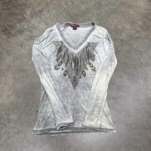 Rock & Roll Cowgirl Womens Large Grey Burnout Rhinestone Graphic Long Sleeve Tee